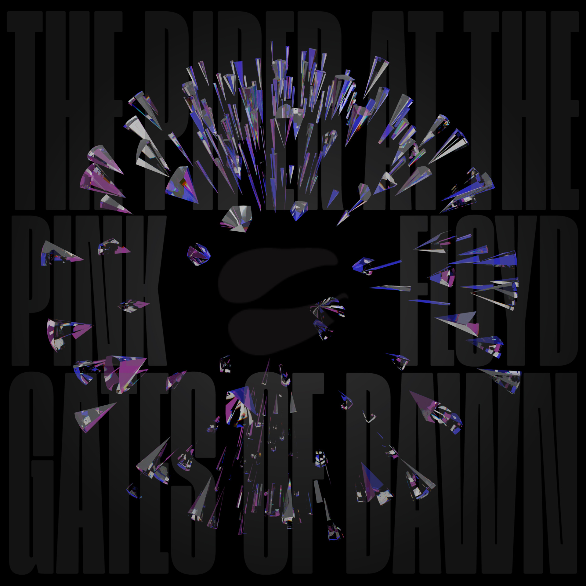 A reimagining of an album cover for Pink Floyd's The Piper at the Gates of Dawn. A 3d rendered still image of a ball of glass shards spaced apart, as if they are bursting forth from an explosion, reflecting violet and pink colours.