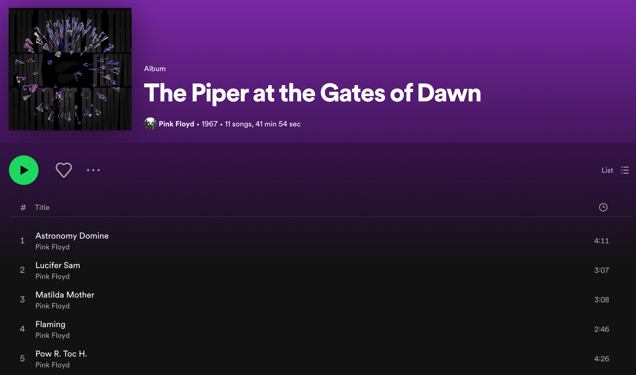 A mockup of the album cover on the Spotify page of the band Pink Floyd.