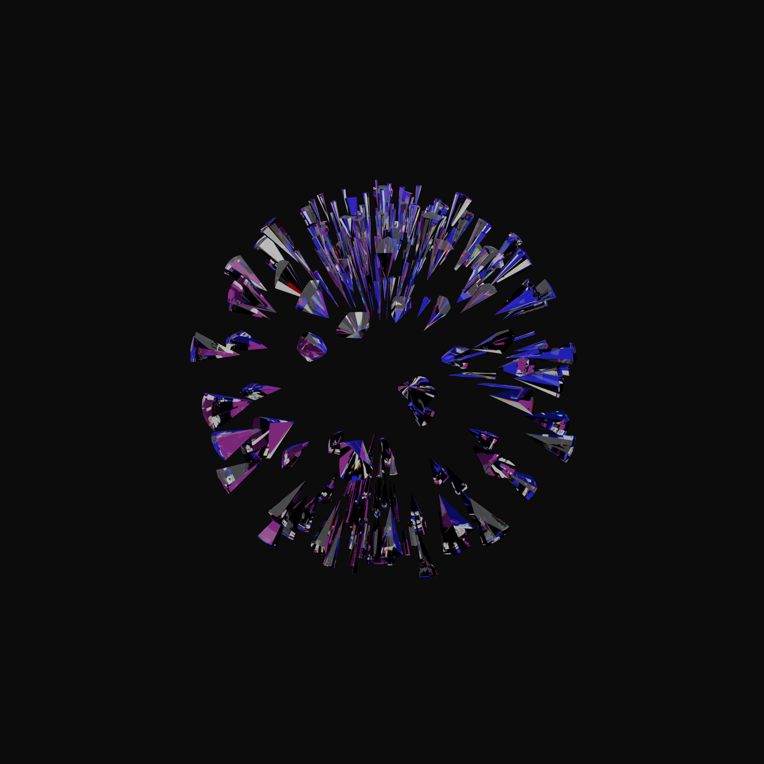 A 3d rendered still image of a ball of glass shards spaced slightly closer together as if they are in the middle of bursting forth from an explosion, reflecting violet and pink colours.