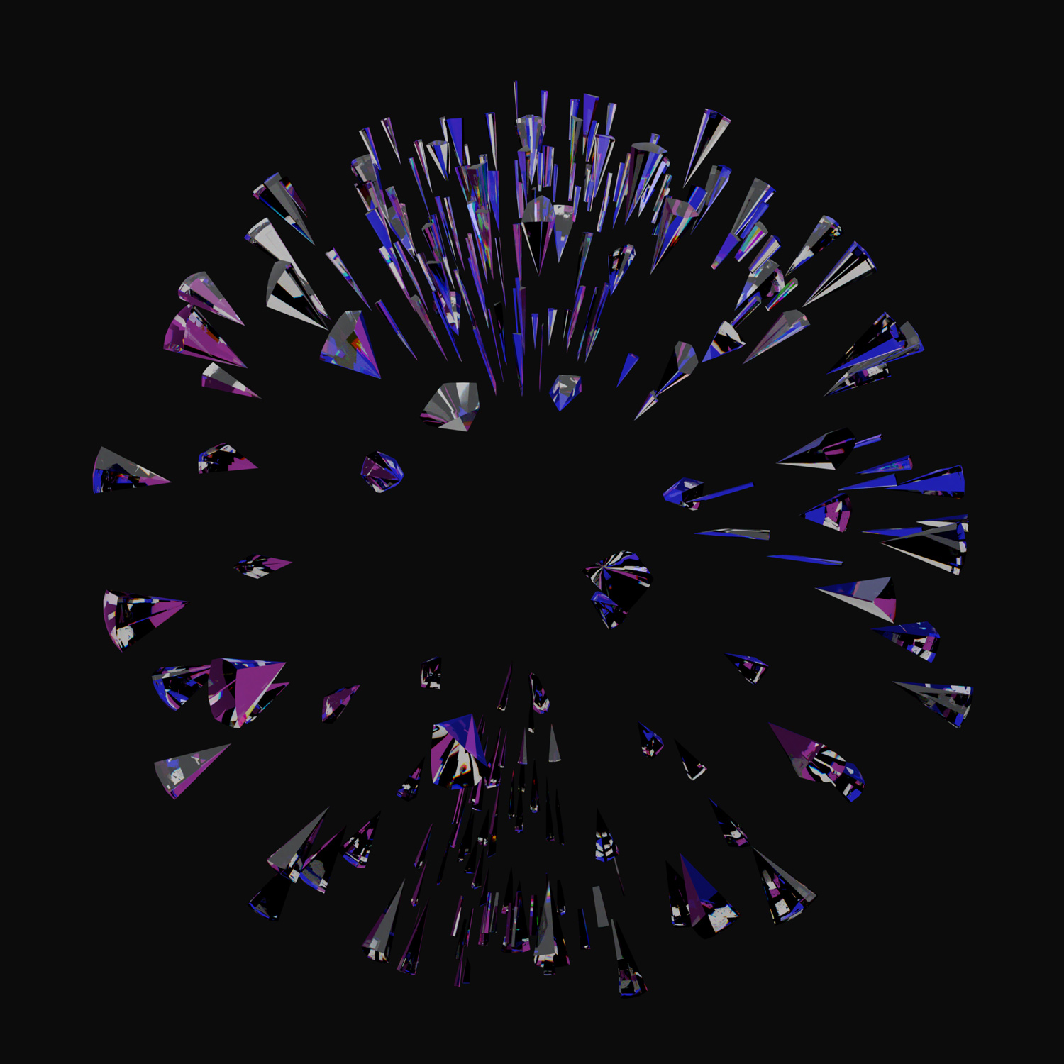 A 3d rendered still image of a ball of glass shards widely spaced out as if they are bursting forth from an explosion,, reflecting violet and pink colours.