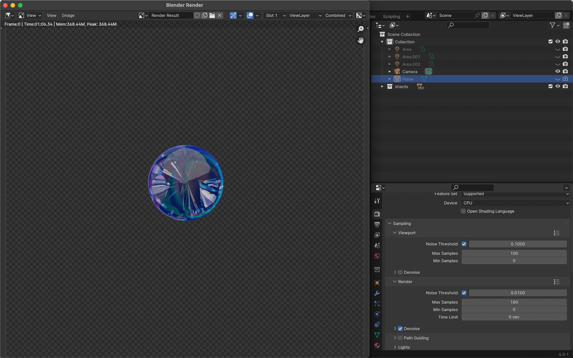 A screenshot of Blender 3D. The viewport has a 3d rendered still image of a ball of glass.
