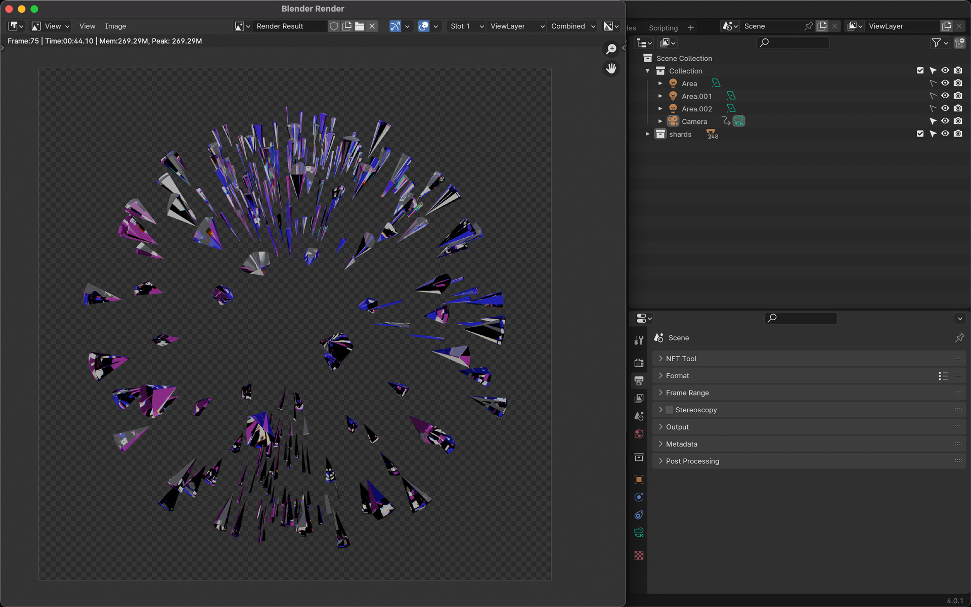 A screenshot of Blender 3D. The viewport has a 3d rendered still image of a ball of glass shards spaced slightly closer together as if they are in the middle of bursting forth from an explosion, reflecting violet and pink colours.