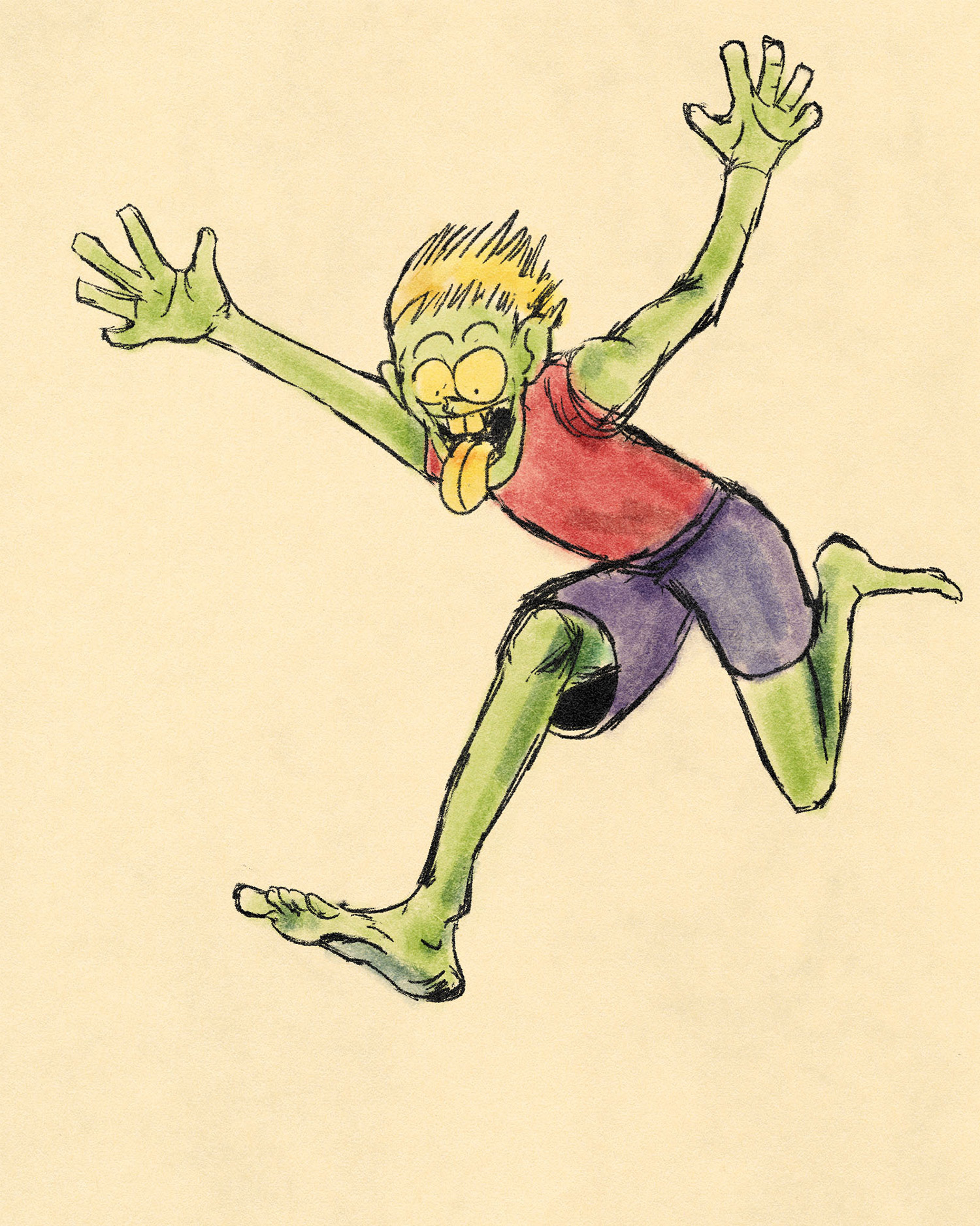 A still cartoon illustration of a cliff diver eagerly diving off a cliff midair