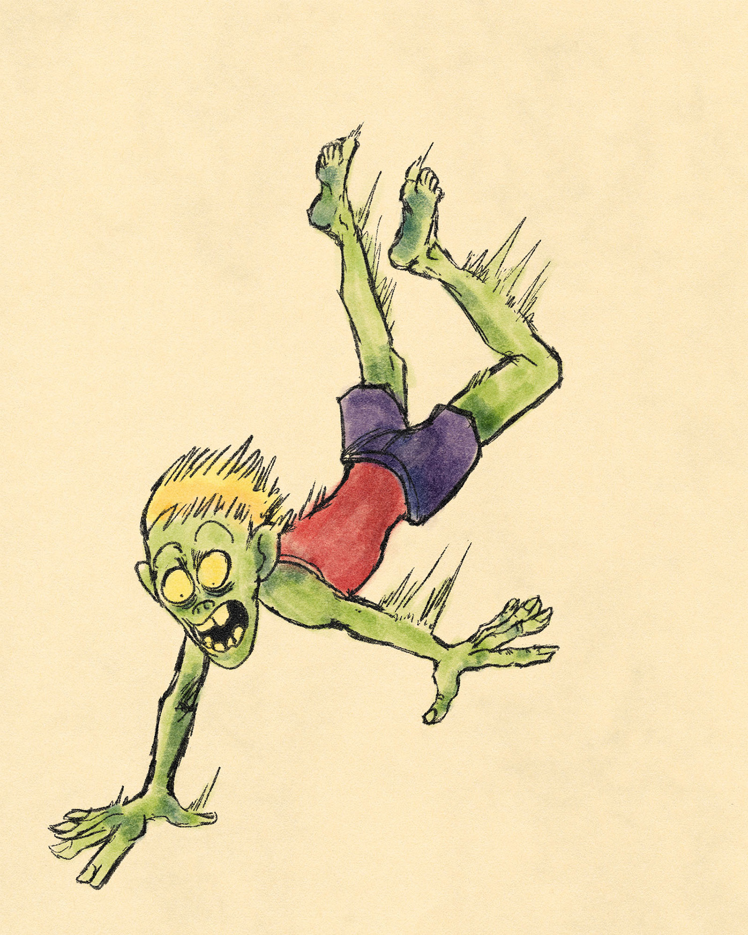A still cartoon illustration of a cliff diver falling midair, looking scared.