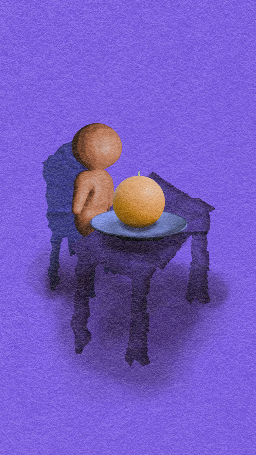 A still collage illustration of stick figure made out of clay seated at a table made out of paper with a large orange on a plate