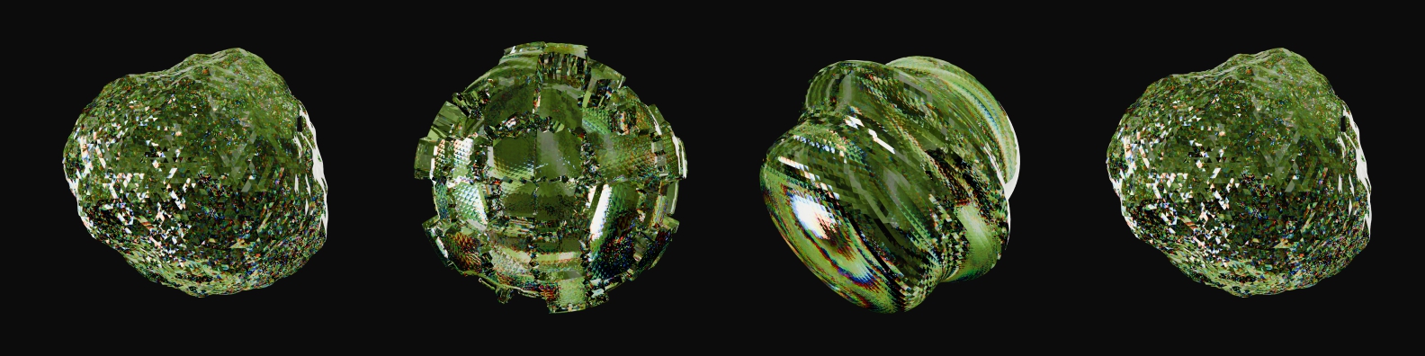  A still image of four 3D rendered abstract objects. From left to right, there is an object shaped like an asteroid, and object shaped like a globe with square faces extruding along its spherical body, an object shaped like a fastener, and another asteroid that is identical to the first object. 