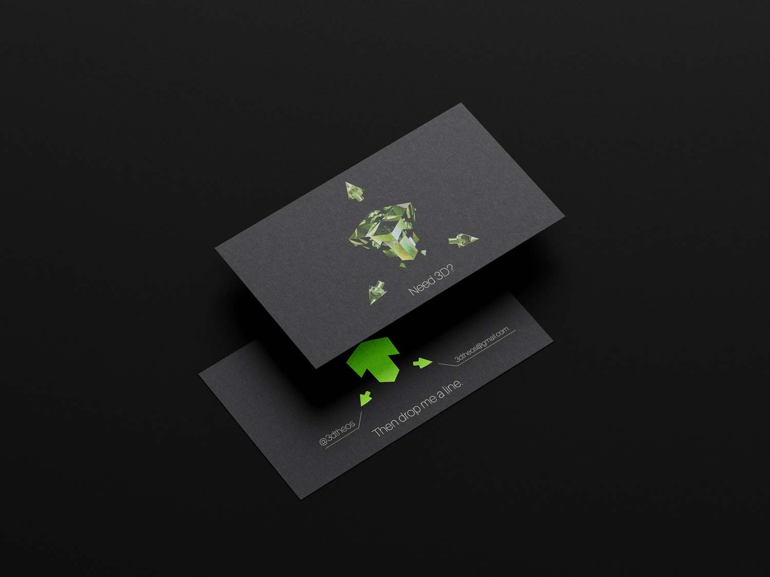 A mockup of a business card showing a glass 3D rendered logo with the tagline, Need 3D? 