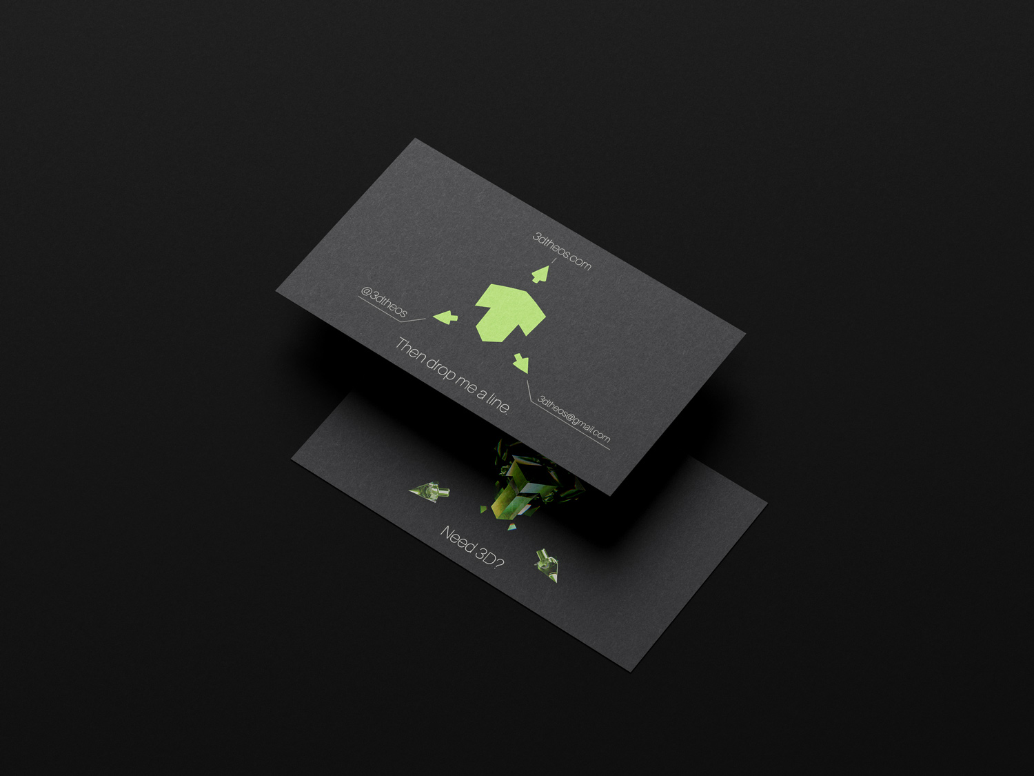 A mockup of the same business card, but showing its back. It shows the same logo but rendered with a solid yellow-green colour, with the tagline, then drop me a line. It has Theo's contact details.