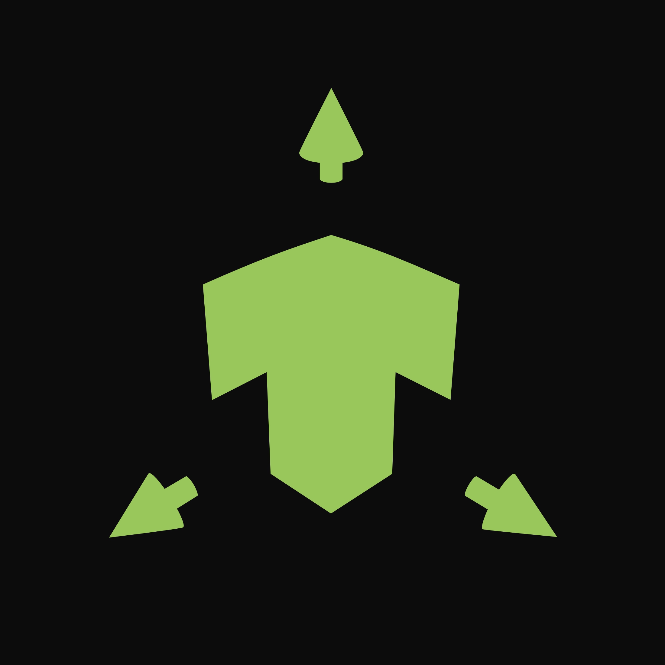 A still image of a logo. It is shaped like a capital T with arrows pointing out in 3 directions forming a pyramid. It has a solid yellow-green colour. 