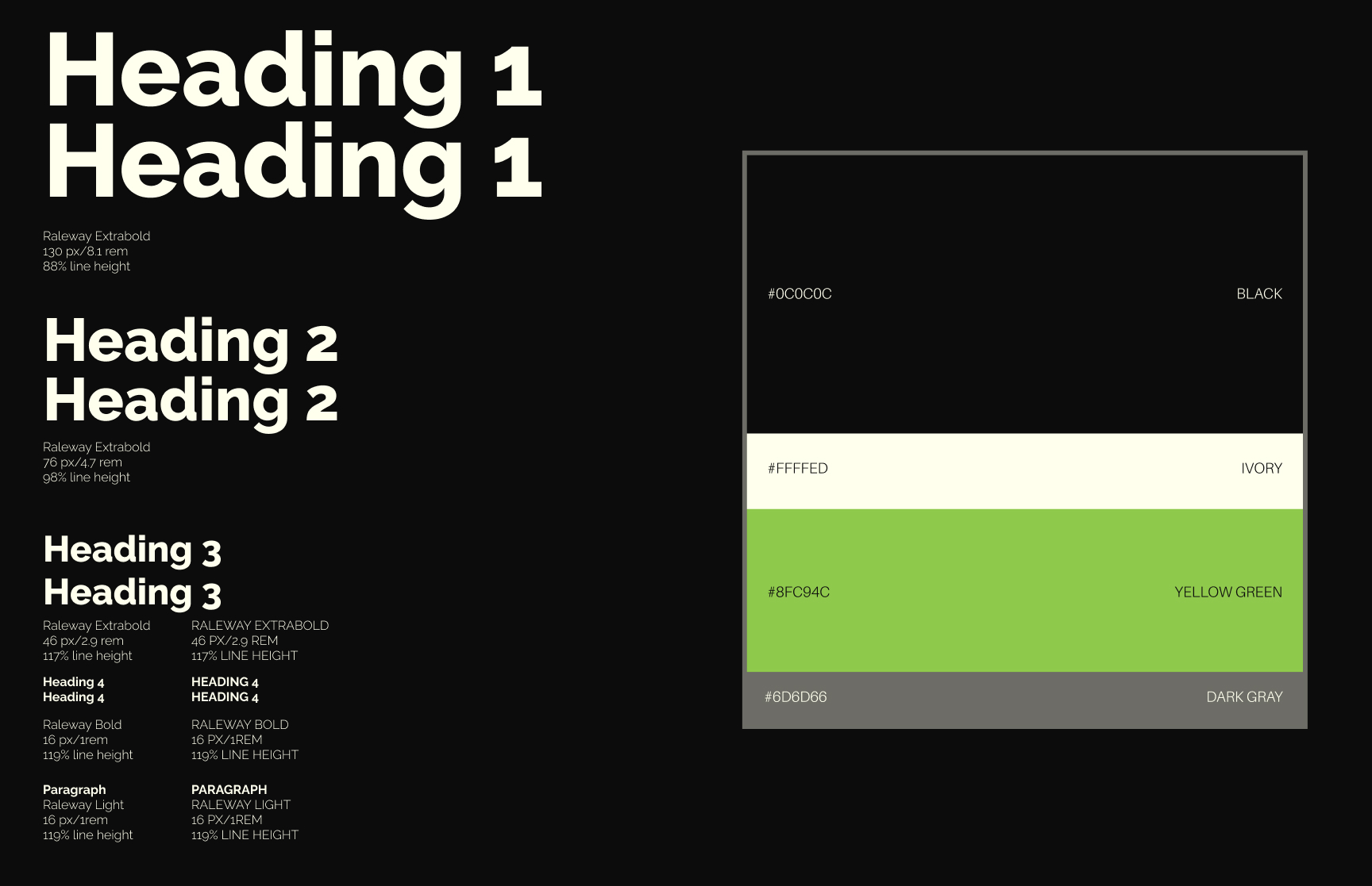  Another image showing the typography of a personal brand just like the previous image. There is only one font used in the type treatment and it is Aileron. There is also a brand palette of black, ivory, yellow-green, and dark grey.